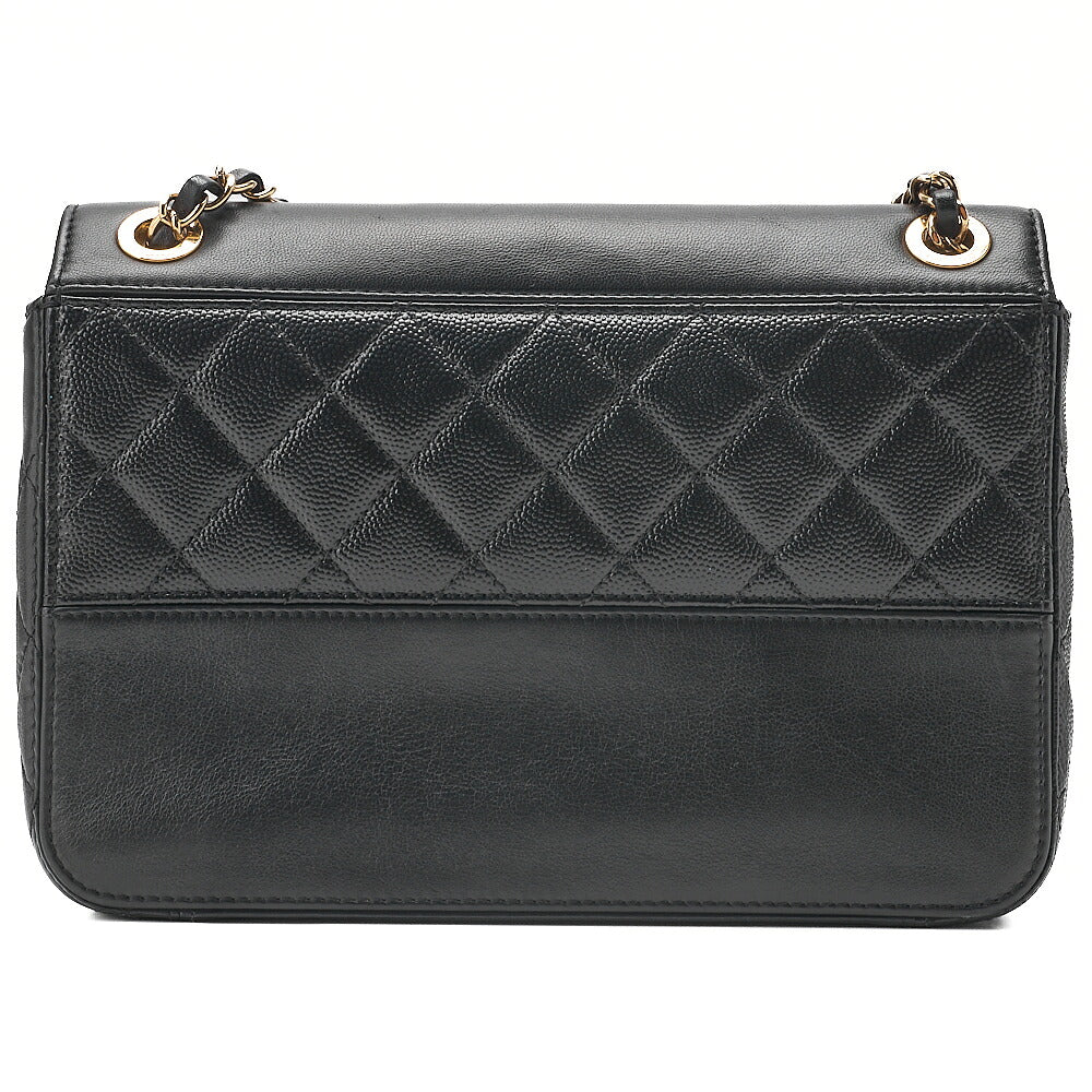 CHANEL Chain Shoulder Bag Matelasse Single Flap Calfskin x Caviar Embossed Enamel Leather Black Gold -Tone Hardware, Pre-Owned