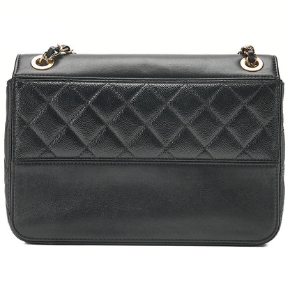 CHANEL Chain Shoulder Bag Matelasse Single Flap Calfskin x Caviar Embossed Enamel Leather Black Gold -Tone Hardware, Pre-Owned