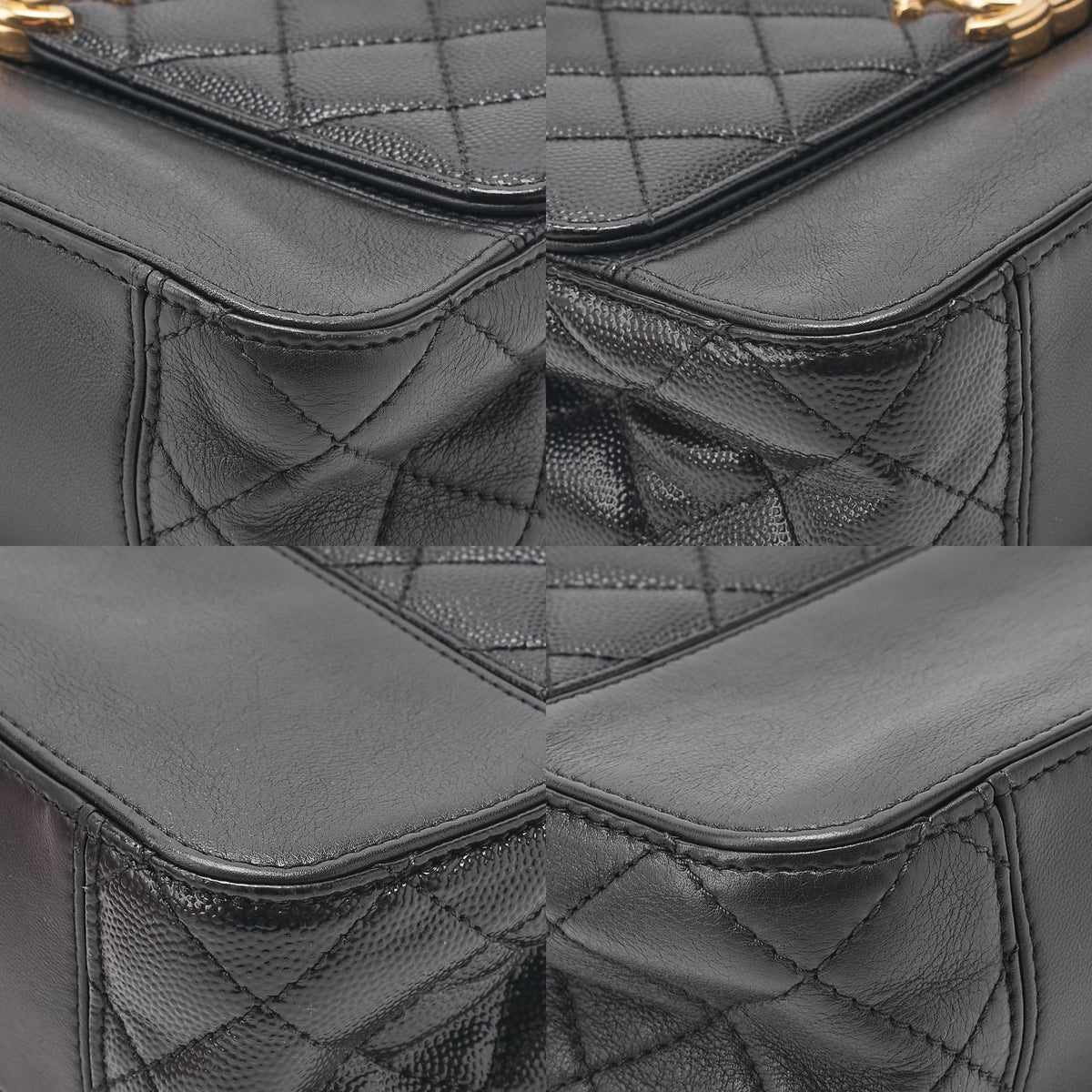 CHANEL Chain Shoulder Bag Matelasse Single Flap Calfskin x Caviar Embossed Enamel Leather Black Gold -Tone Hardware, Pre-Owned