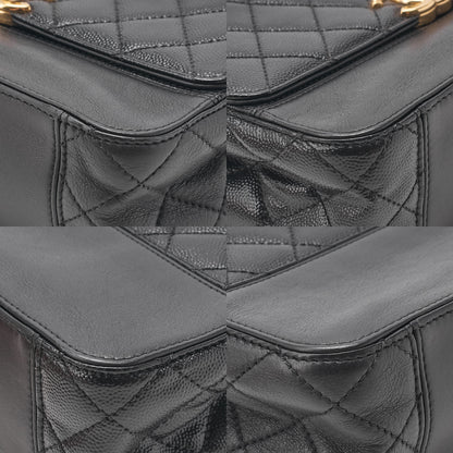 CHANEL Chain Shoulder Bag Matelasse Single Flap Calfskin x Caviar Embossed Enamel Leather Black Gold -Tone Hardware, Pre-Owned
