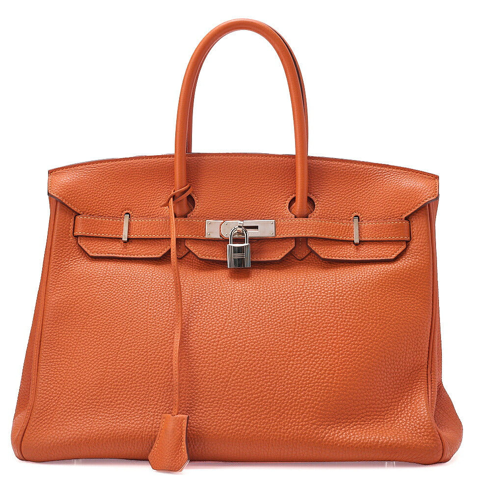 HERMES Birkin 35 Handbag Togo Orange Silver -Tone Hardware, Pre-Owned