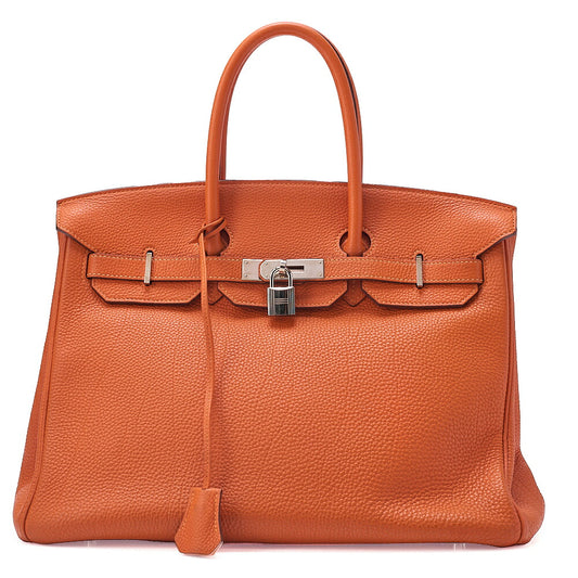 HERMES Birkin 35 Handbag Togo Orange Silver -Tone Hardware, Pre-Owned