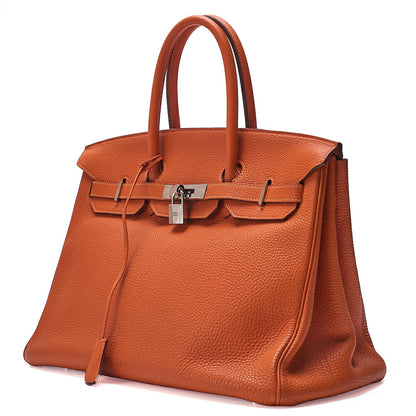 HERMES Birkin 35 Handbag Togo Orange Silver -Tone Hardware, Pre-Owned