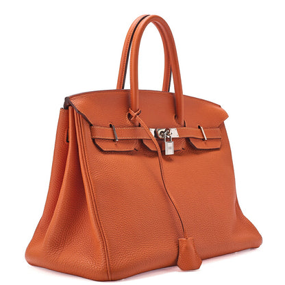 HERMES Birkin 35 Handbag Togo Orange Silver -Tone Hardware, Pre-Owned