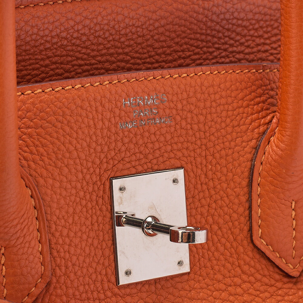 HERMES Birkin 35 Handbag Togo Orange Silver -Tone Hardware, Pre-Owned