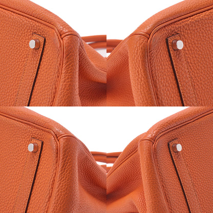 HERMES Birkin 35 Handbag Togo Orange Silver -Tone Hardware, Pre-Owned