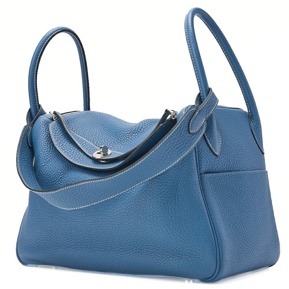 HERMES Lindy 34 Shoulder Bag Taurillon Clemence Blue Jean Silver-Tone Hardware, Pre-Owned