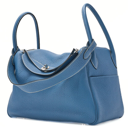 HERMES Lindy 34 Shoulder Bag Taurillon Clemence Blue Jean Silver-Tone Hardware, Pre-Owned