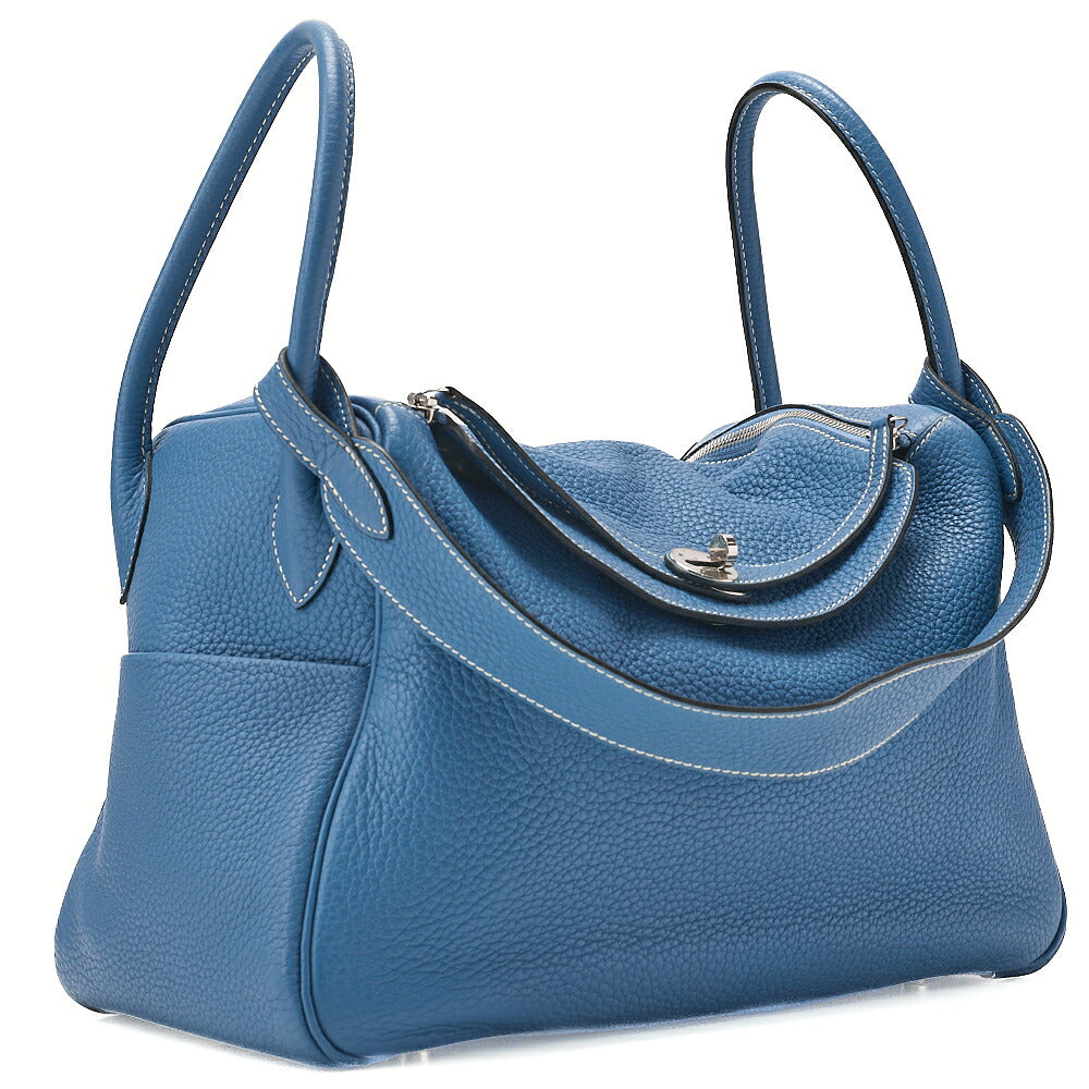 HERMES Lindy 34 Shoulder Bag Taurillon Clemence Blue Jean Silver-Tone Hardware, Pre-Owned