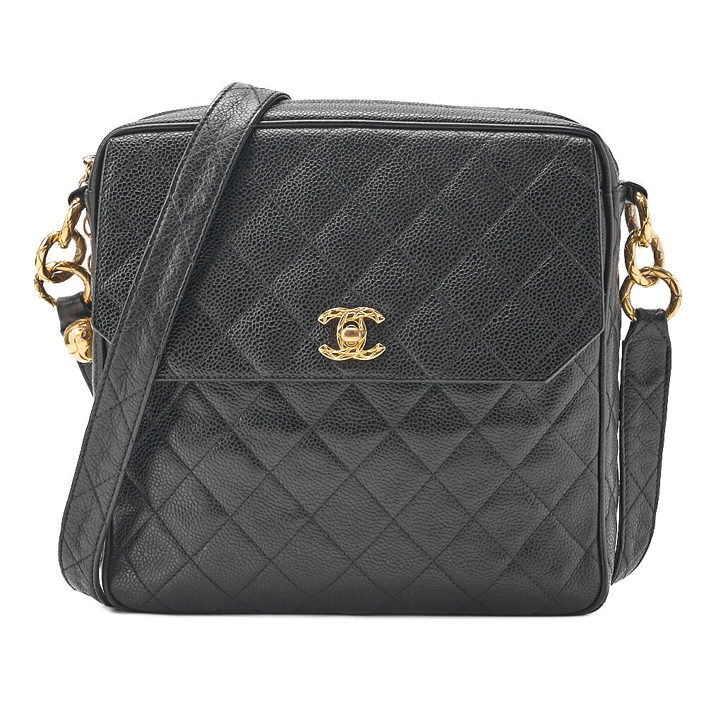 CHANEL Caviar Skin Biju Coco Mark Straight Flap One-Shoulder Bag Black Gold -Tone Hardware, Pre-Owned