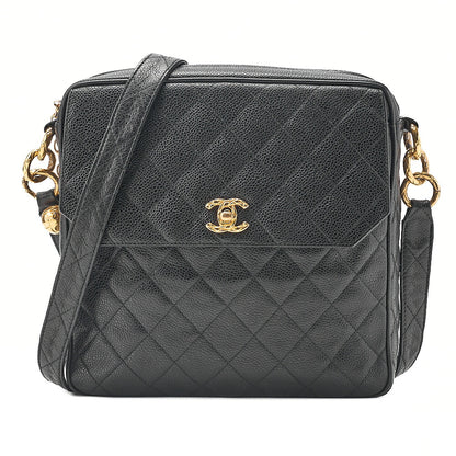 CHANEL Caviar Skin Biju Coco Mark Straight Flap One-Shoulder Bag Black Gold -Tone Hardware, Pre-Owned