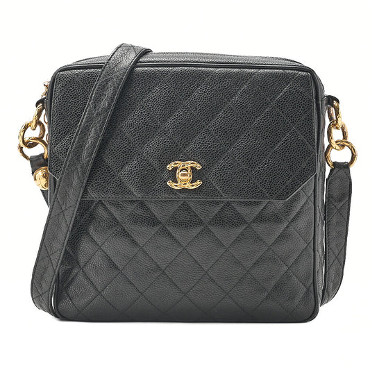 CHANEL Caviar Skin Biju Coco Mark Straight Flap One-Shoulder Bag Black Gold -Tone Hardware, Pre-Owned