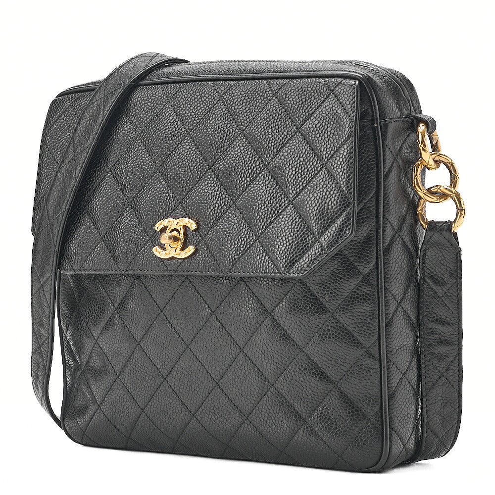 CHANEL Caviar Skin Biju Coco Mark Straight Flap One-Shoulder Bag Black Gold -Tone Hardware, Pre-Owned