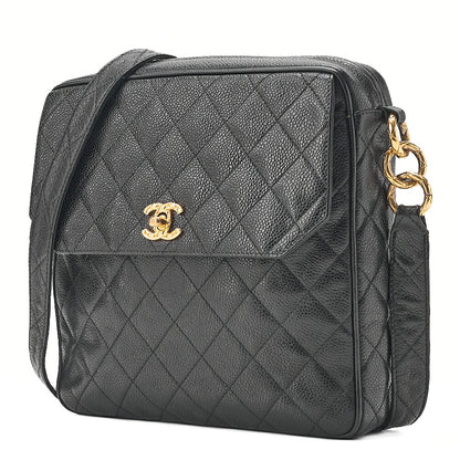CHANEL Caviar Skin Biju Coco Mark Straight Flap One-Shoulder Bag Black Gold -Tone Hardware, Pre-Owned