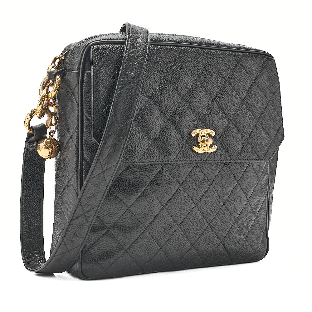 CHANEL Caviar Skin Biju Coco Mark Straight Flap One-Shoulder Bag Black Gold -Tone Hardware, Pre-Owned