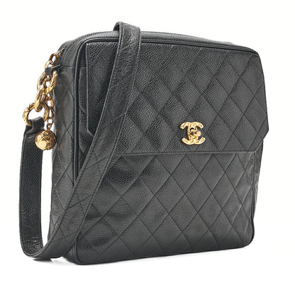 CHANEL Caviar Skin Biju Coco Mark Straight Flap One-Shoulder Bag Black Gold -Tone Hardware, Pre-Owned
