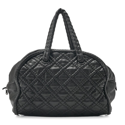 CHANEL Mini Boston Handbag Matelasse Lambskin with Coco Charm Black Silver-Tone Hardware, Pre-Owned