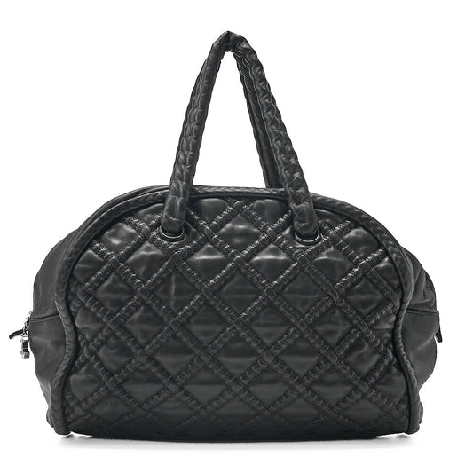 CHANEL Mini Boston Handbag Matelasse Lambskin with Coco Charm Black Silver-Tone Hardware, Pre-Owned