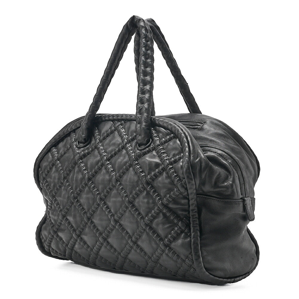 CHANEL Mini Boston Handbag Matelasse Lambskin with Coco Charm Black Silver-Tone Hardware, Pre-Owned