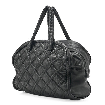 CHANEL Mini Boston Handbag Matelasse Lambskin with Coco Charm Black Silver-Tone Hardware, Pre-Owned