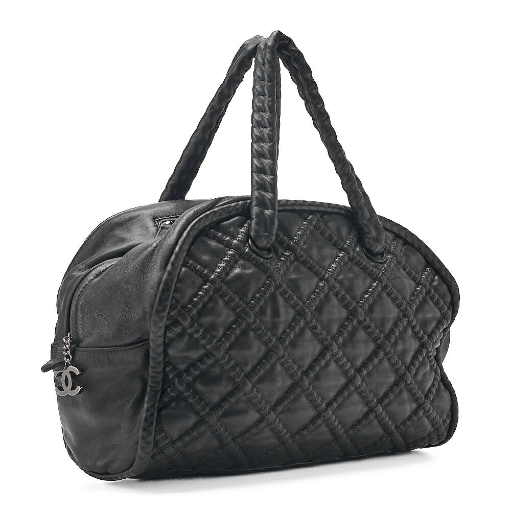 CHANEL Mini Boston Handbag Matelasse Lambskin with Coco Charm Black Silver-Tone Hardware, Pre-Owned