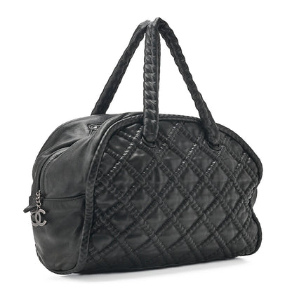 CHANEL Mini Boston Handbag Matelasse Lambskin with Coco Charm Black Silver-Tone Hardware, Pre-Owned