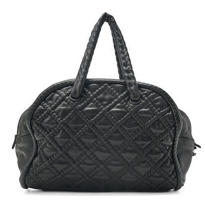 CHANEL Mini Boston Handbag Matelasse Lambskin with Coco Charm Black Silver-Tone Hardware, Pre-Owned