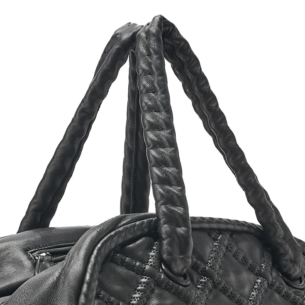 CHANEL Mini Boston Handbag Matelasse Lambskin with Coco Charm Black Silver-Tone Hardware, Pre-Owned
