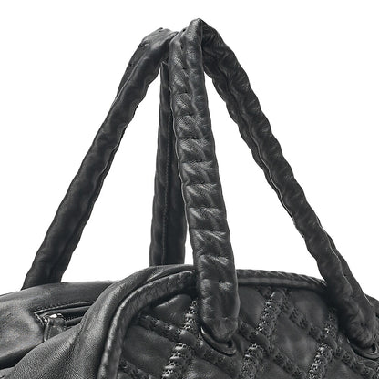 CHANEL Mini Boston Handbag Matelasse Lambskin with Coco Charm Black Silver-Tone Hardware, Pre-Owned