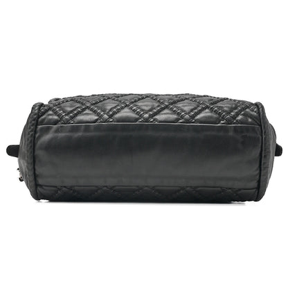 CHANEL Mini Boston Handbag Matelasse Lambskin with Coco Charm Black Silver-Tone Hardware, Pre-Owned