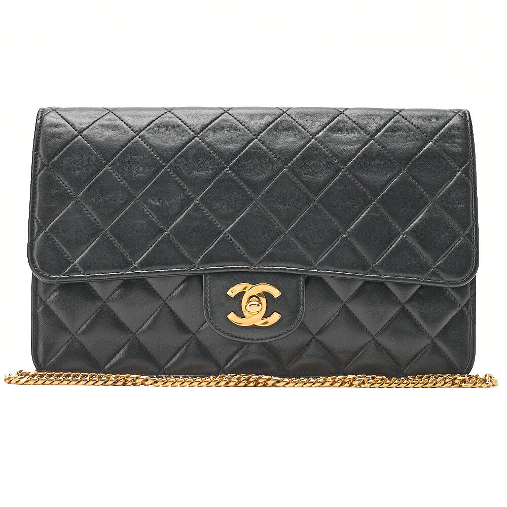 CHANEL Lambskin Matelasse 25cm Single Flap Grain Chain Shoulder Black Gold-Tone Hardware, Pre-Owned
