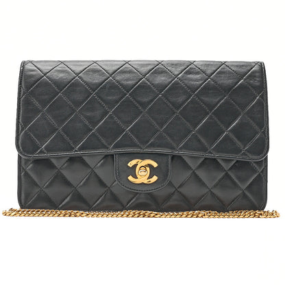 CHANEL Lambskin Matelasse 25cm Single Flap Grain Chain Shoulder Black Gold-Tone Hardware, Pre-Owned