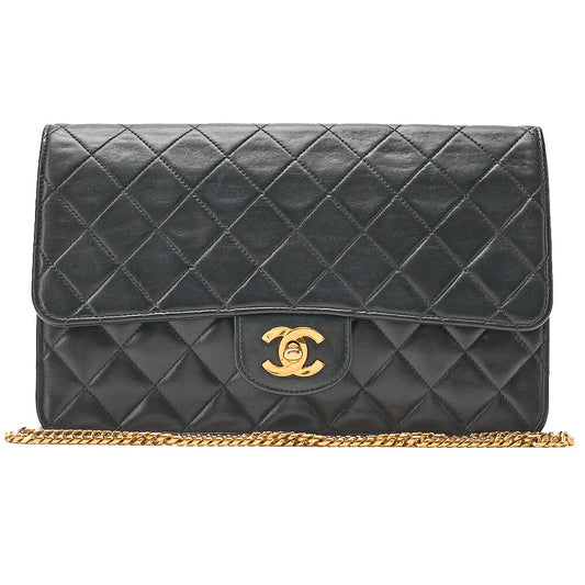 CHANEL Lambskin Matelasse 25cm Single Flap Grain Chain Shoulder Black Gold-Tone Hardware, Pre-Owned