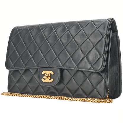 CHANEL Lambskin Matelasse 25cm Single Flap Grain Chain Shoulder Black Gold-Tone Hardware, Pre-Owned