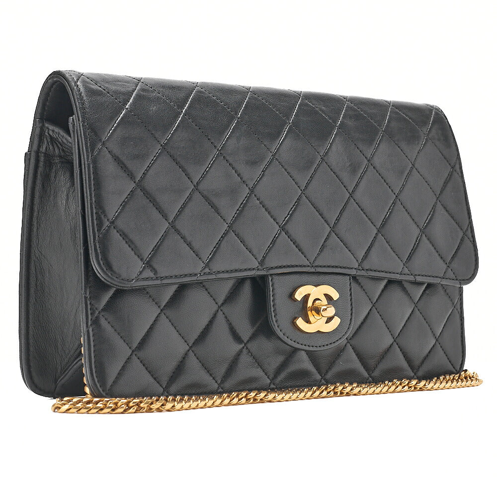 CHANEL Lambskin Matelasse 25cm Single Flap Grain Chain Shoulder Black Gold-Tone Hardware, Pre-Owned