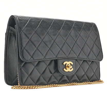 CHANEL Lambskin Matelasse 25cm Single Flap Grain Chain Shoulder Black Gold-Tone Hardware, Pre-Owned