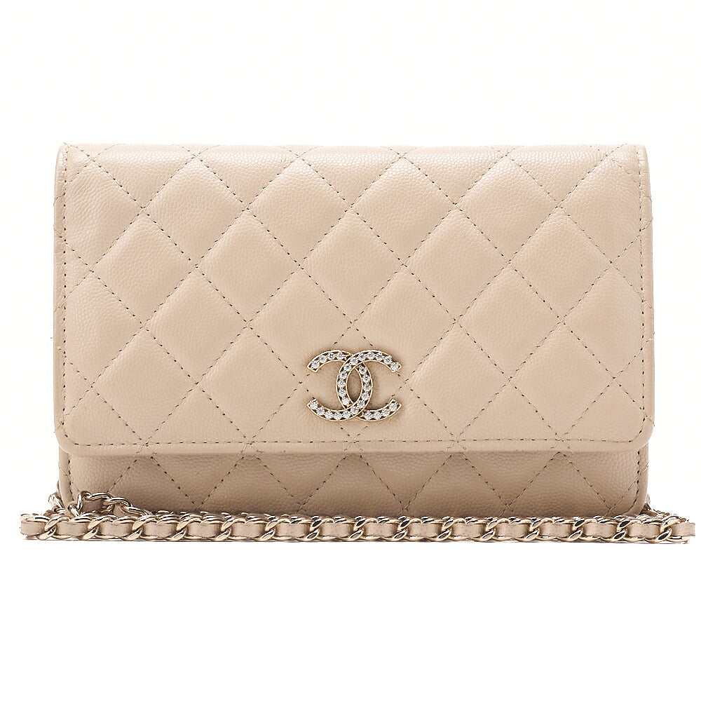 CHANEL Chanel Matelasse Chain Wallet Caviar Skin Linestone Coco Mark Beige Gold-Tone Hardware, Pre-Owned