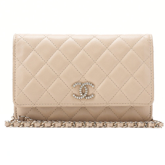 CHANEL Chanel Matelasse Chain Wallet Caviar Skin Linestone Coco Mark Beige Gold-Tone Hardware, Pre-Owned