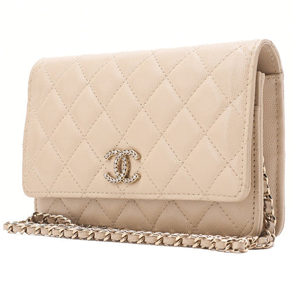 CHANEL Chanel Matelasse Chain Wallet Caviar Skin Linestone Coco Mark Beige Gold-Tone Hardware, Pre-Owned