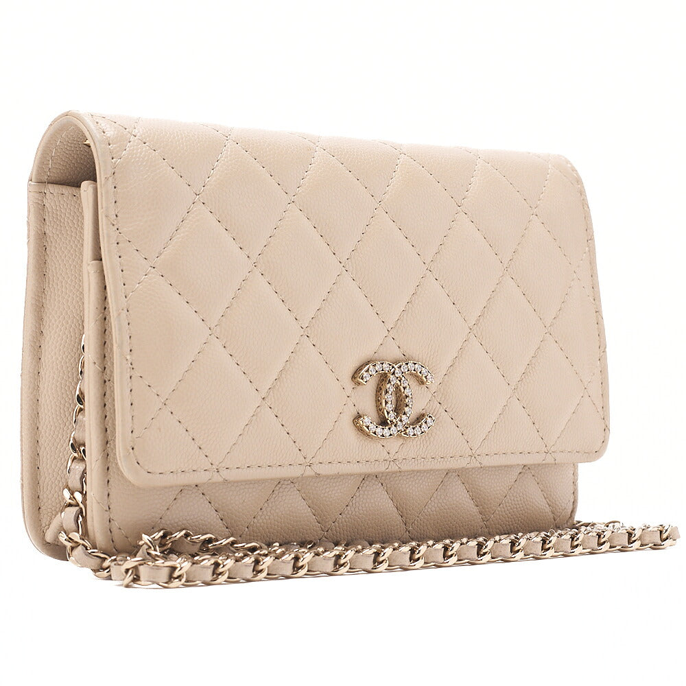 CHANEL Chanel Matelasse Chain Wallet Caviar Skin Linestone Coco Mark Beige Gold-Tone Hardware, Pre-Owned
