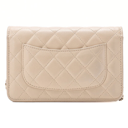 CHANEL Chanel Matelasse Chain Wallet Caviar Skin Linestone Coco Mark Beige Gold-Tone Hardware, Pre-Owned