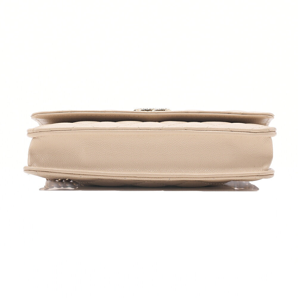 CHANEL Chanel Matelasse Chain Wallet Caviar Skin Linestone Coco Mark Beige Gold-Tone Hardware, Pre-Owned