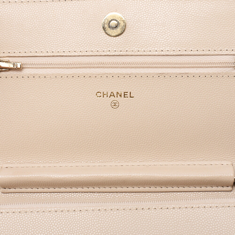 CHANEL Chanel Matelasse Chain Wallet Caviar Skin Linestone Coco Mark Beige Gold-Tone Hardware, Pre-Owned