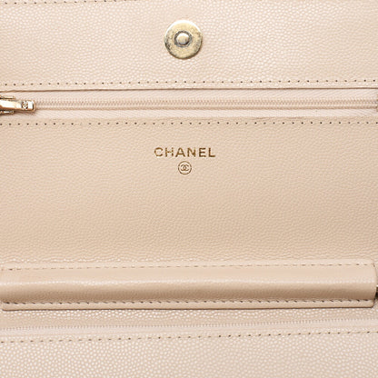 CHANEL Chanel Matelasse Chain Wallet Caviar Skin Linestone Coco Mark Beige Gold-Tone Hardware, Pre-Owned