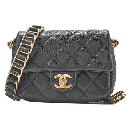 CHANEL Caviar Skin Mini Matelasse Turn Lock Thick Chain Shoulder Black Gold-Tone Hardware, Pre-Owned