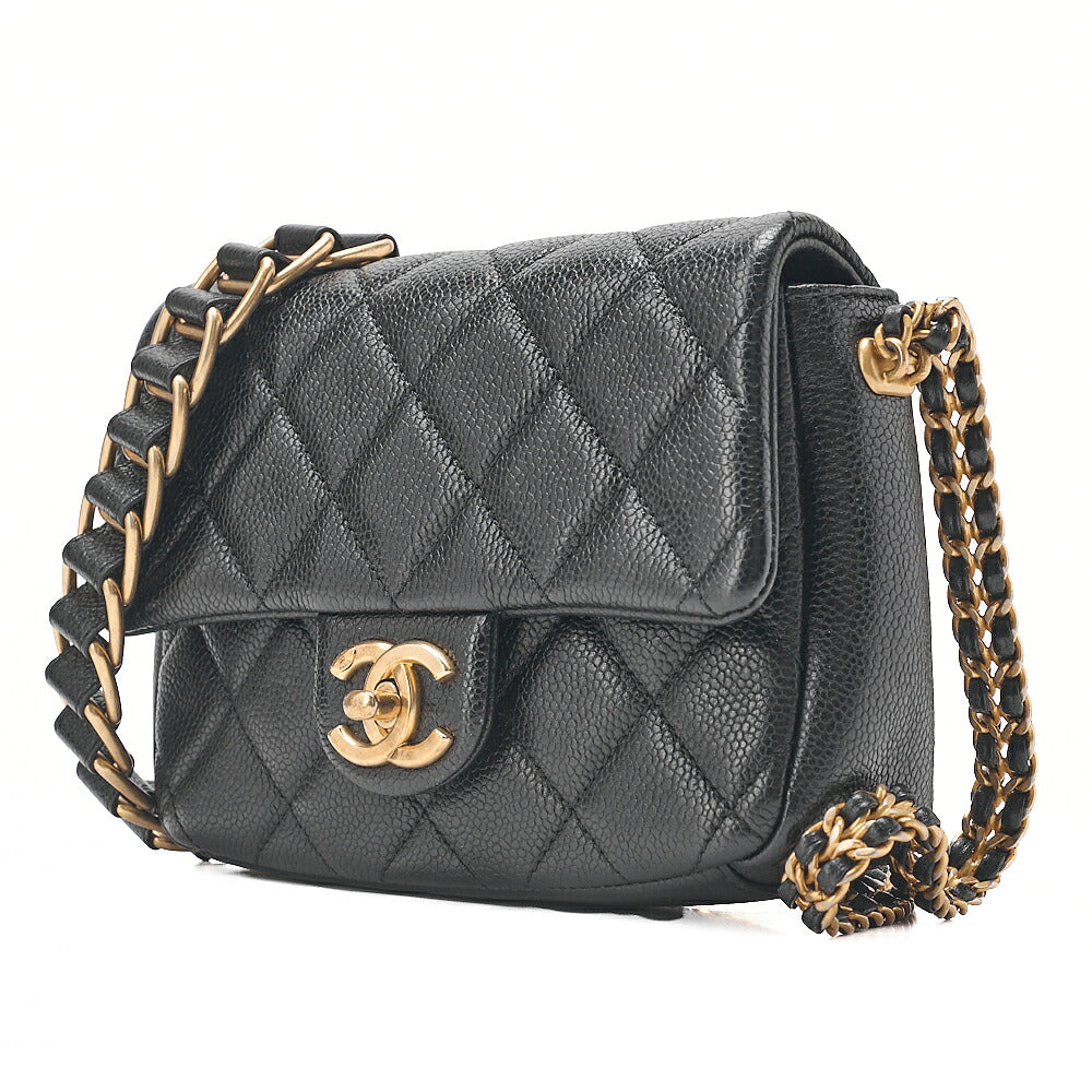 CHANEL Caviar Skin Mini Matelasse Turn Lock Thick Chain Shoulder Black Gold-Tone Hardware, Pre-Owned