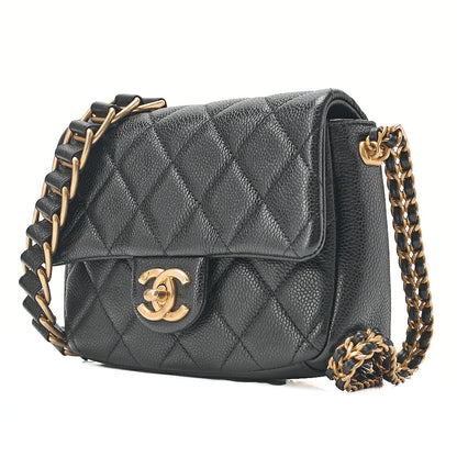CHANEL Caviar Skin Mini Matelasse Turn Lock Thick Chain Shoulder Black Gold-Tone Hardware, Pre-Owned