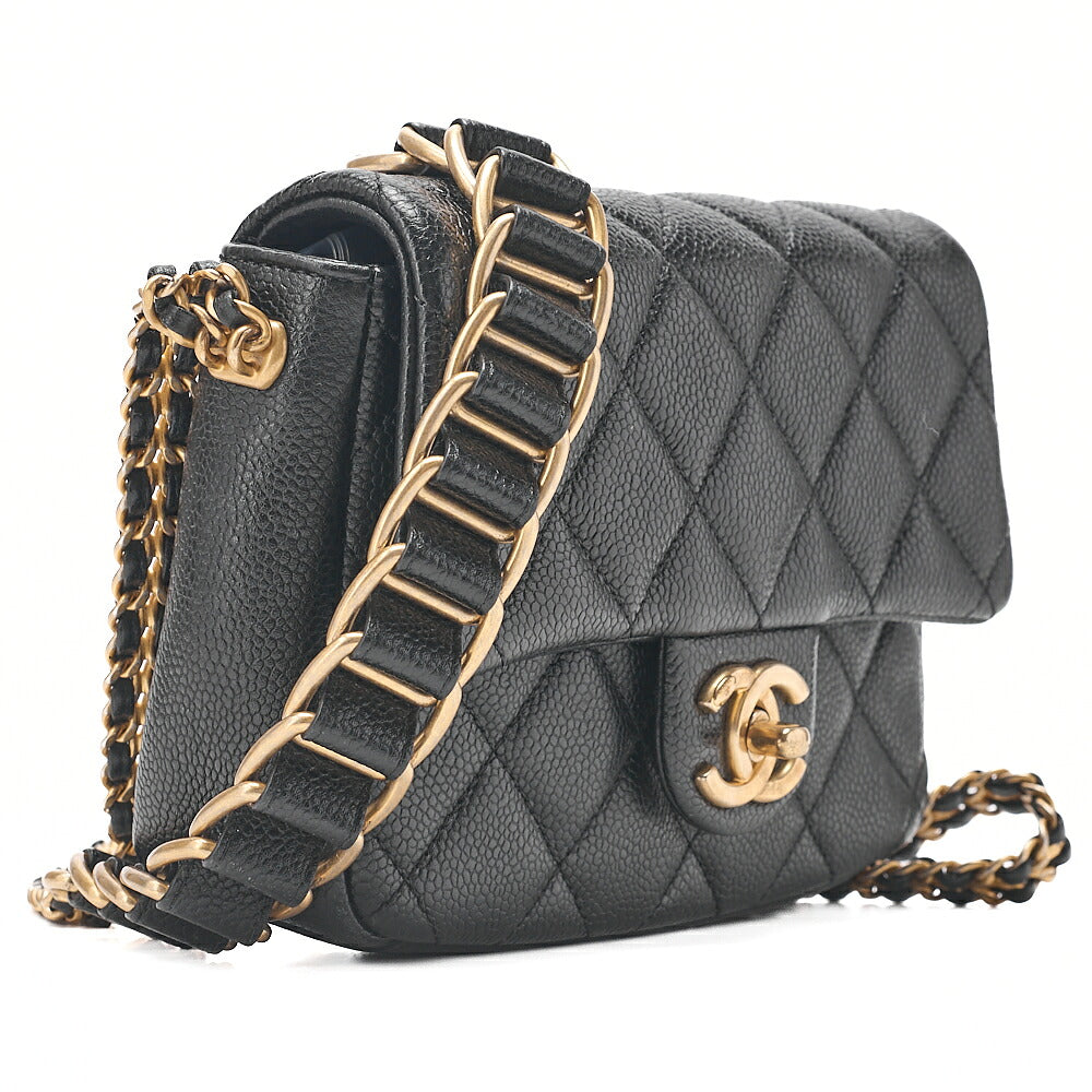CHANEL Caviar Skin Mini Matelasse Turn Lock Thick Chain Shoulder Black Gold-Tone Hardware, Pre-Owned