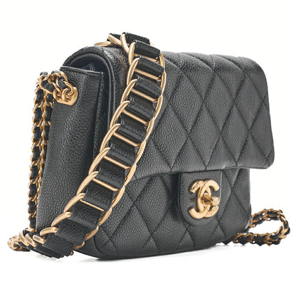 CHANEL Caviar Skin Mini Matelasse Turn Lock Thick Chain Shoulder Black Gold-Tone Hardware, Pre-Owned