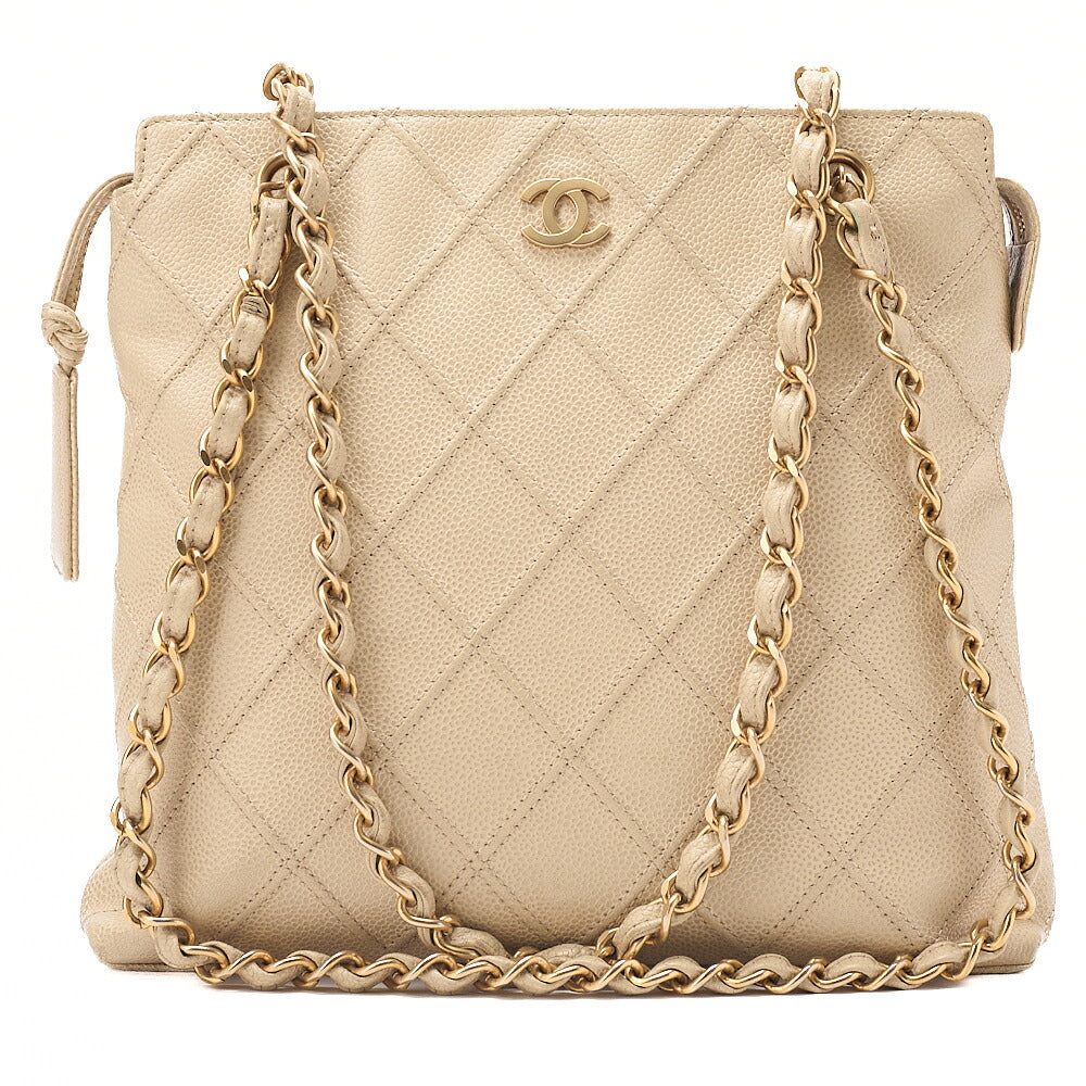 CHANEL Chanel Matelasse Plate Charm Chain Shoulder Caviar Skin Beige Gold-Tone Hardware, Pre-Owned